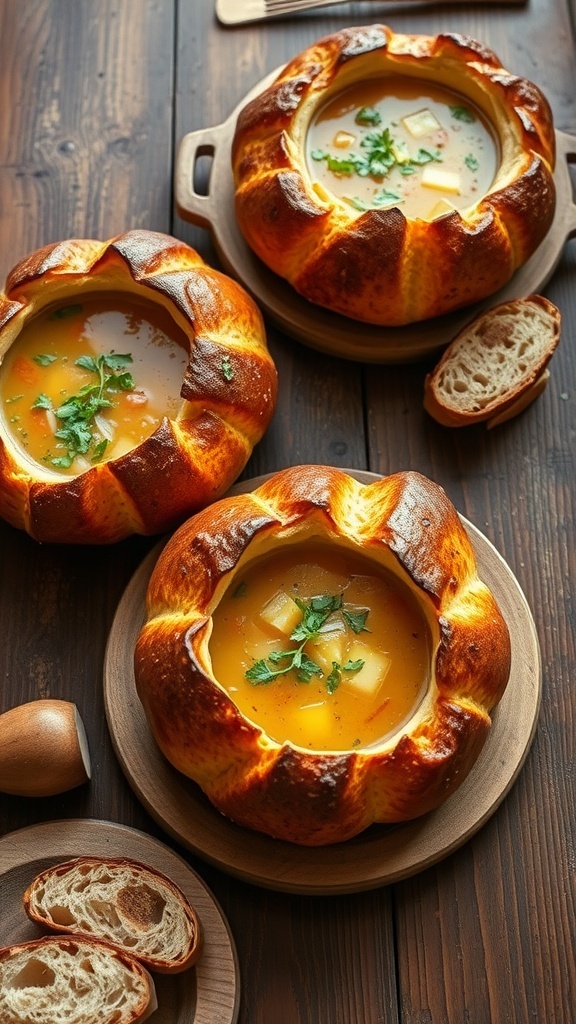 Freshly baked bread bowls filled with soup on a rustic table.